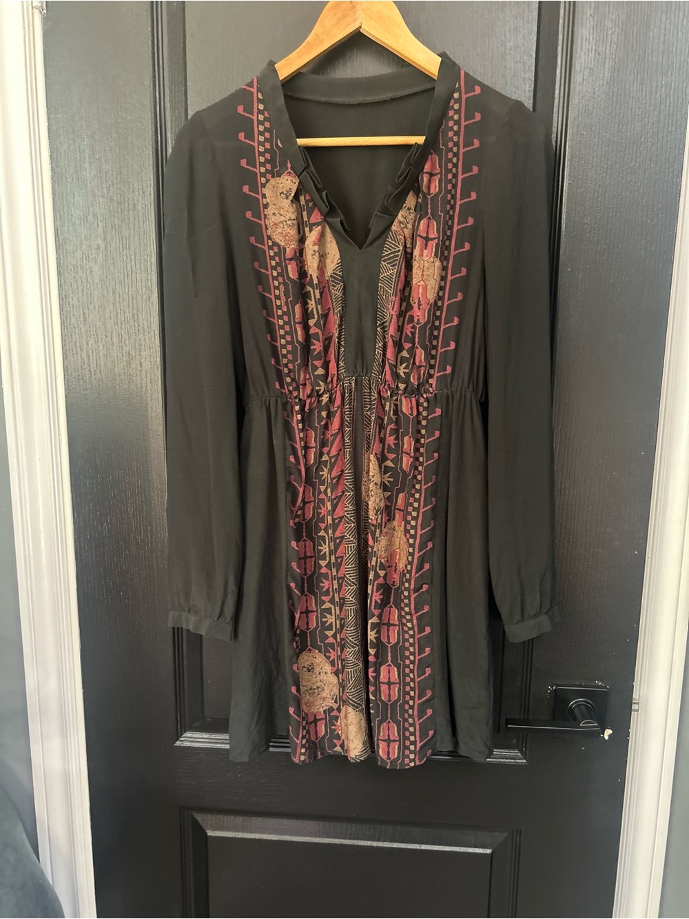 Anthropologie 100% Silk Dress, Black, Long Sleeve, Mini Dress, Boho Print